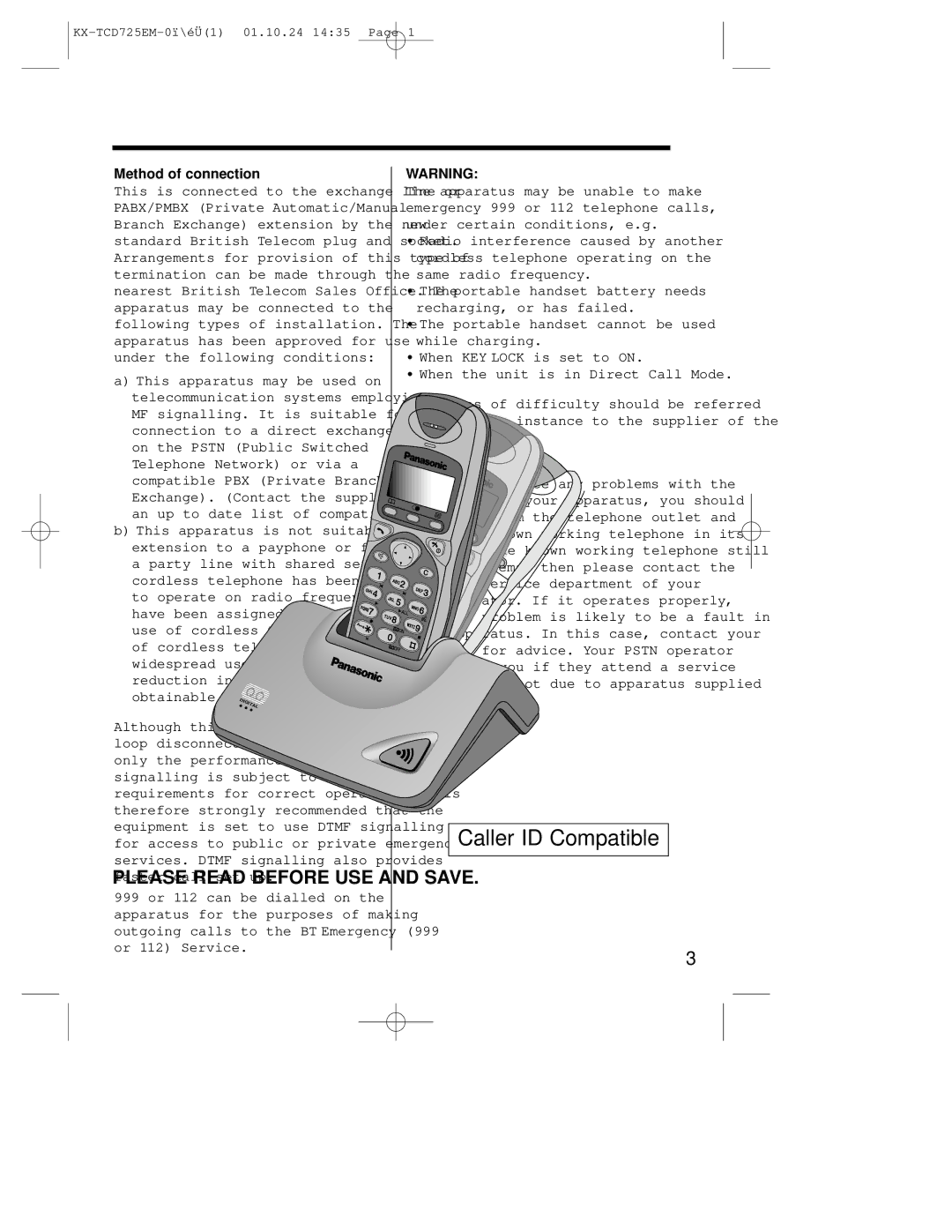 Panasonic kx-tcd725em operating instructions Method of connection 