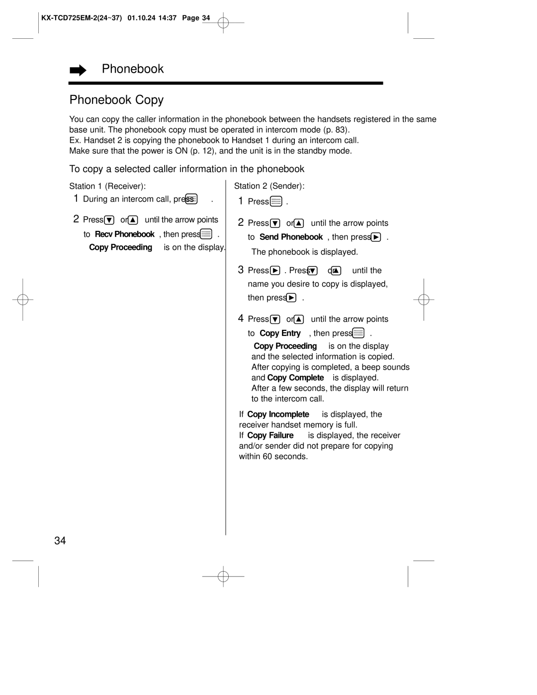 Panasonic kx-tcd725em Phonebook Phonebook Copy, To copy a selected caller information in the phonebook 