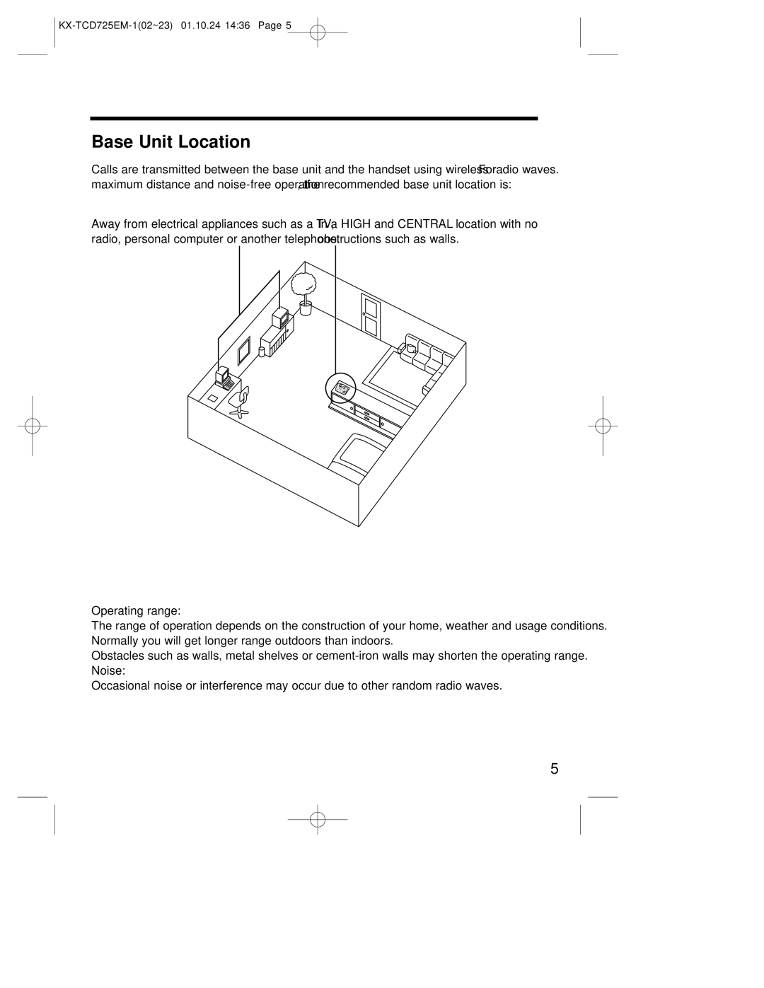 Panasonic kx-tcd725em operating instructions Base Unit Location, Operating range, Noise 