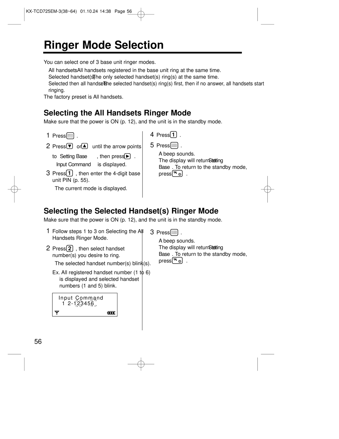 Panasonic kx-tcd725em Ringer Mode Selection, Selecting the All Handsets Ringer Mode, To Setting Base, then press 