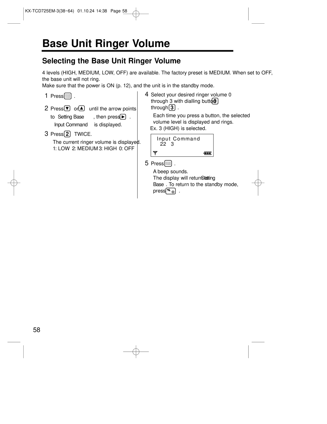 Panasonic kx-tcd725em Selecting the Base Unit Ringer Volume, Press 2 Twice, Current ringer volume is displayed 