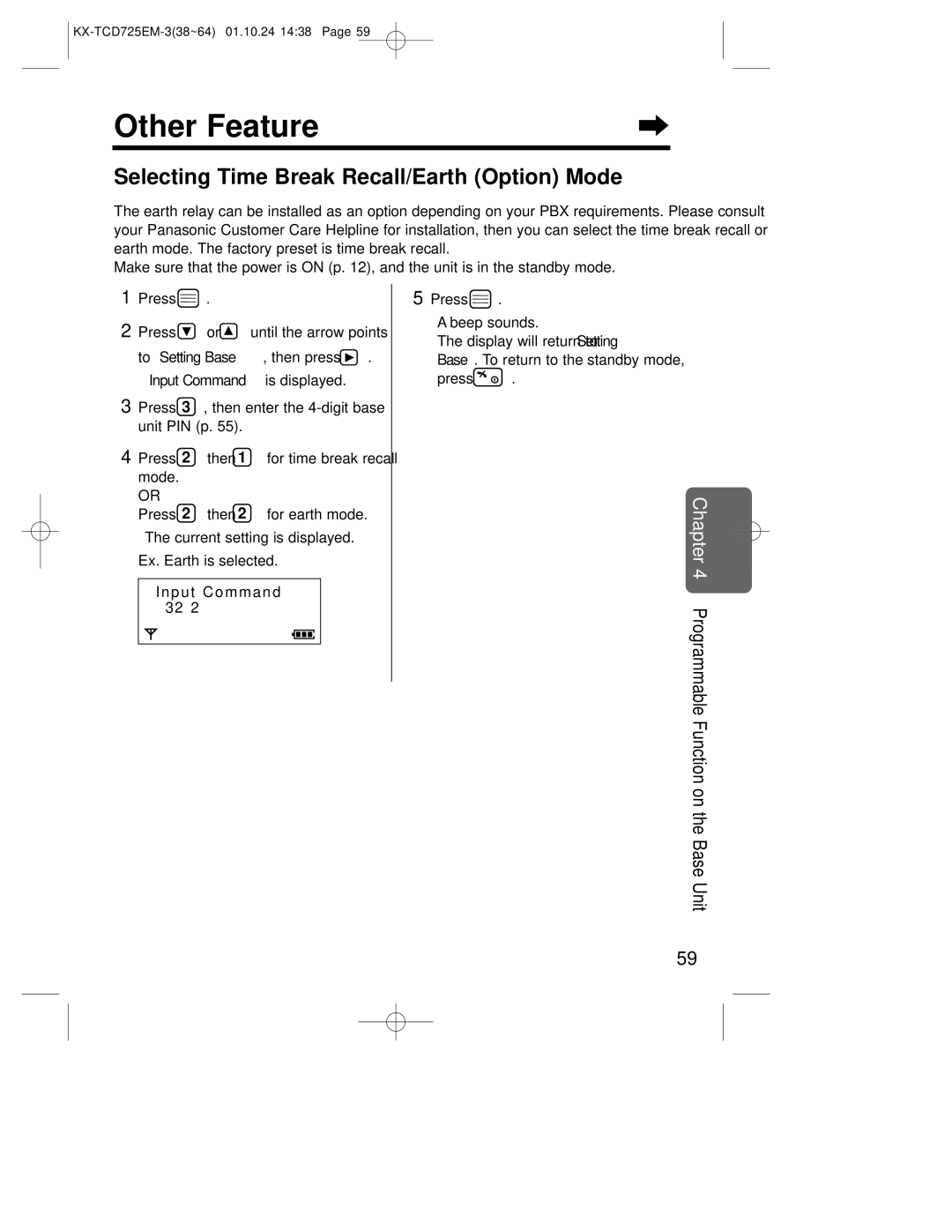 Panasonic kx-tcd725em operating instructions Other Feature, Selecting Time Break Recall/Earth Option Mode 