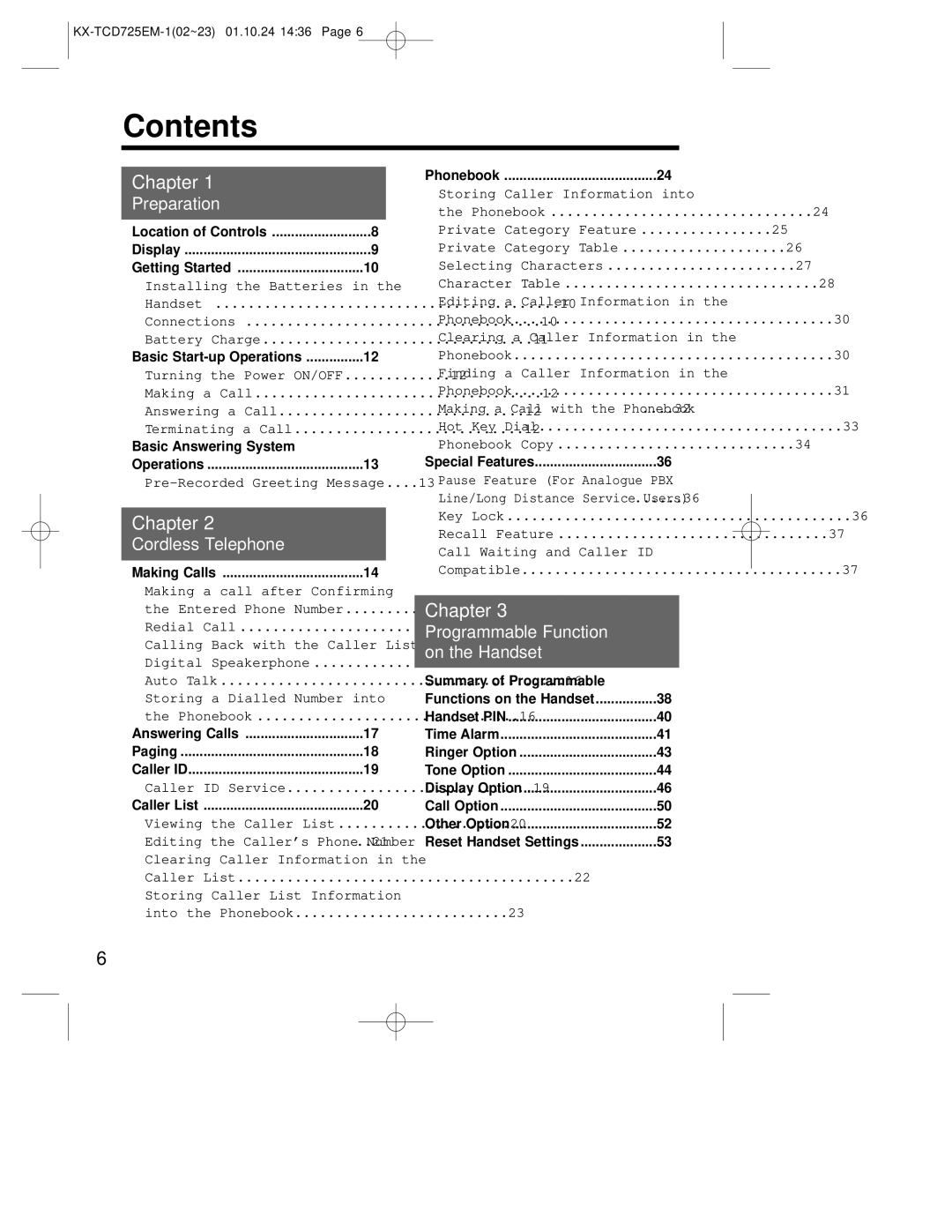 Panasonic kx-tcd725em operating instructions Contents 