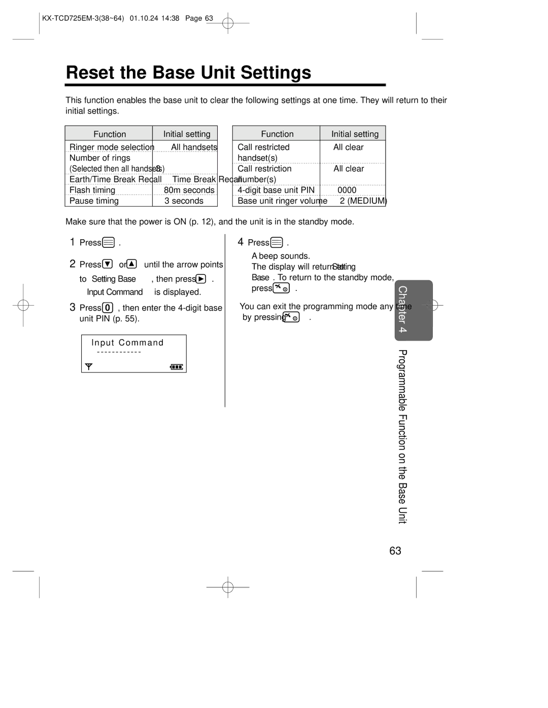 Panasonic kx-tcd725em operating instructions Reset the Base Unit Settings, All handsets, Number of rings 