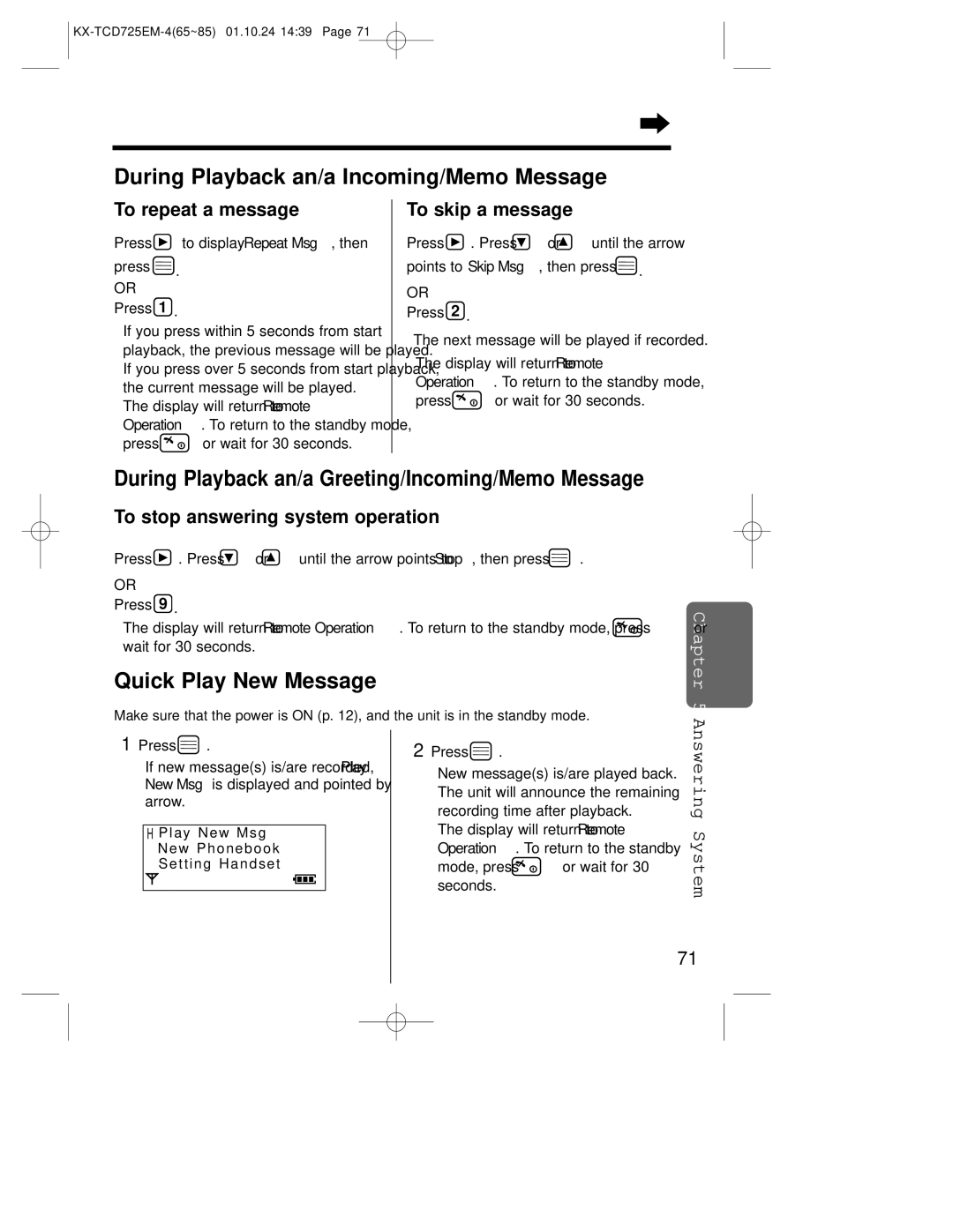 Panasonic kx-tcd725em During Playback an/a Incoming/Memo Message, During Playback an/a Greeting/Incoming/Memo Message 