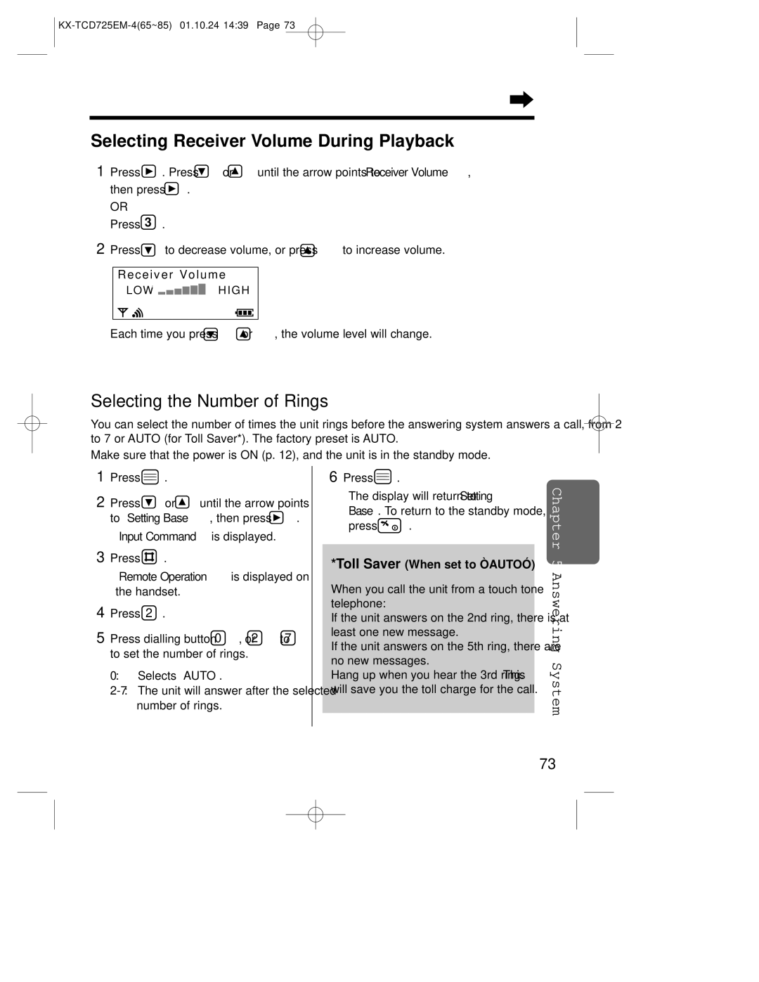 Panasonic kx-tcd725em operating instructions Selecting Receiver Volume During Playback, Selecting the Number of Rings 