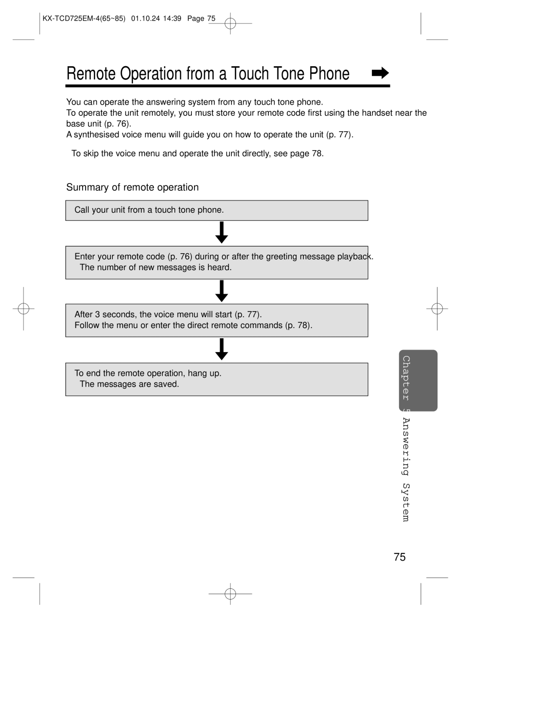 Panasonic kx-tcd725em operating instructions Remote Operation from a Touch Tone Phone, Summary of remote operation 