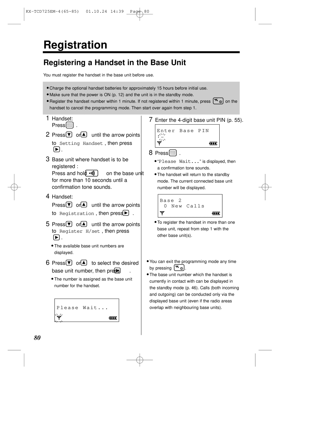 Panasonic kx-tcd725em operating instructions Registration, Registering a Handset in the Base Unit 