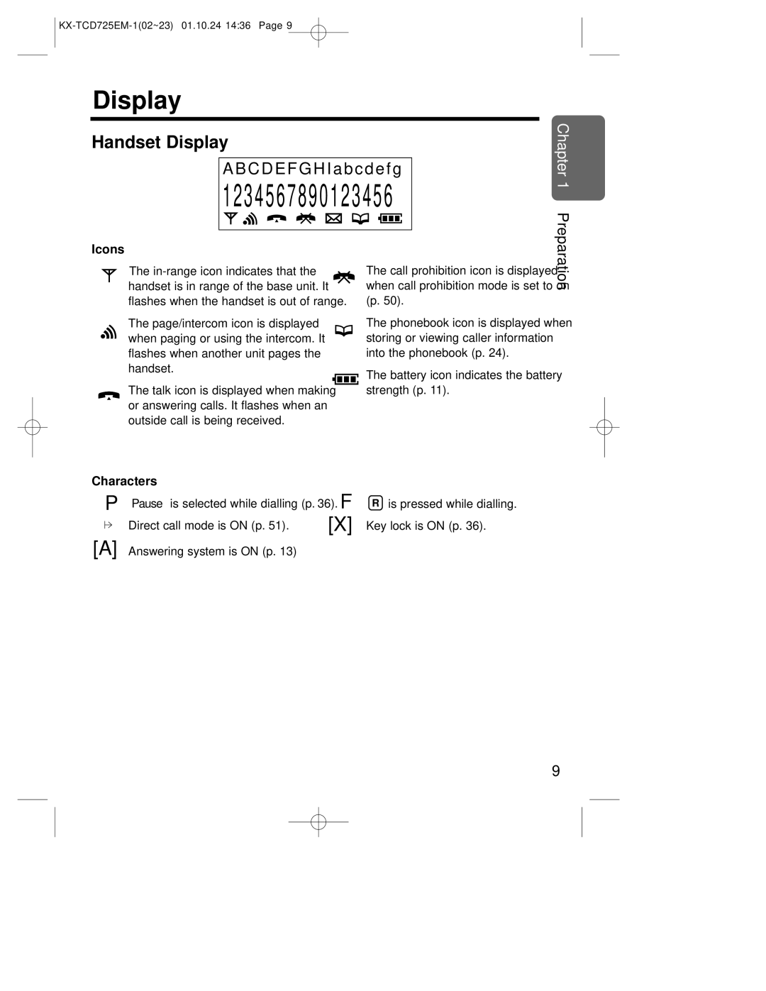 Panasonic kx-tcd725em operating instructions Handset Display, Icons, Characters 