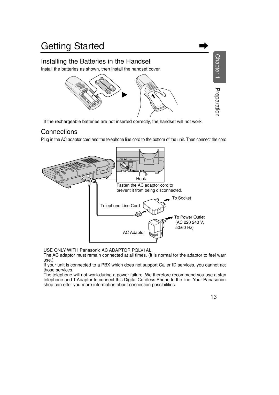 Panasonic KX-TCD735ALM operating instructions Getting Started, Installing the Batteries in the Handset, Connections 