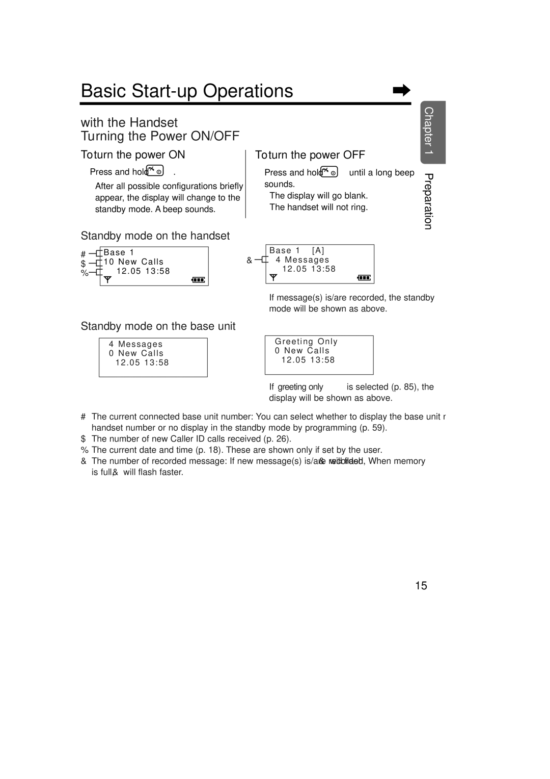 Panasonic KX-TCD735ALM Basic Start-up Operations, With the Handset Turning the Power ON/OFF, To turn the power on 