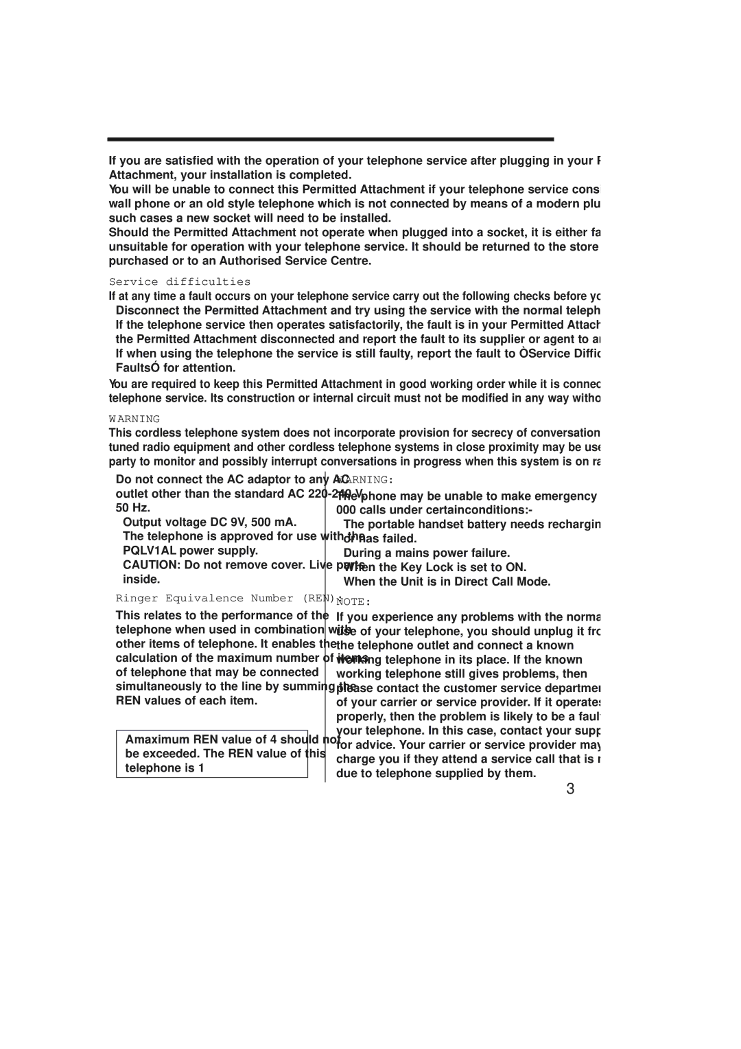 Panasonic KX-TCD735ALM operating instructions Service difficulties, PQLV1AL power supply, Ringer Equivalence Number REN 