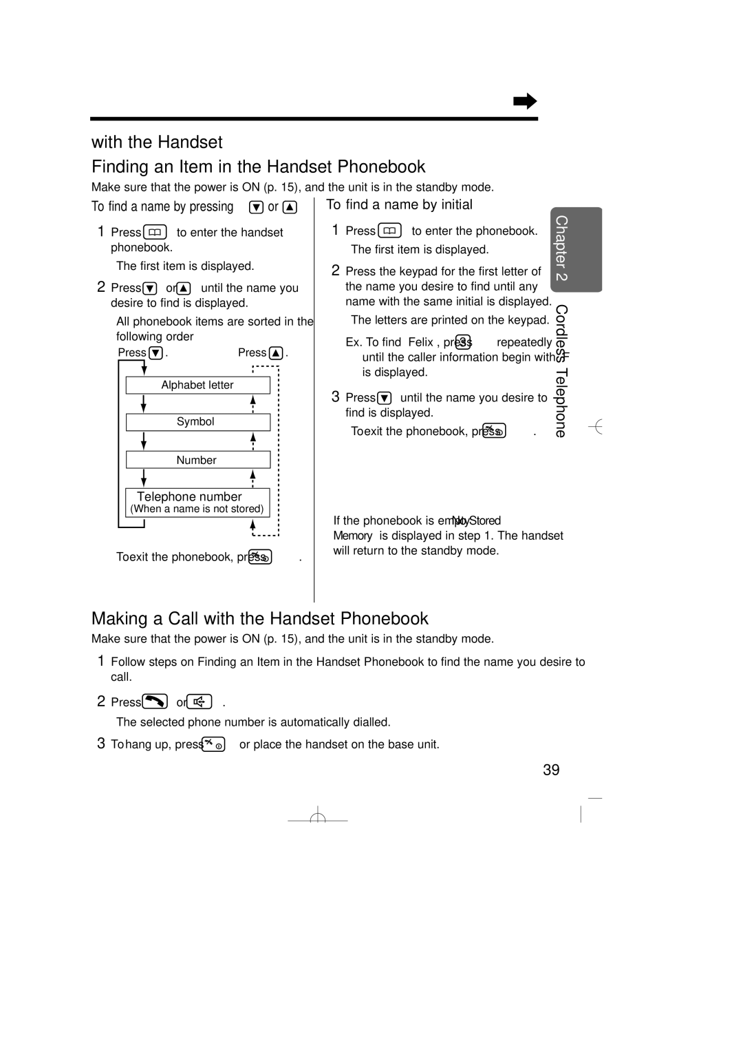 Panasonic KX-TCD735ALM With the Handset Finding an Item in the Handset Phonebook, Making a Call with the Handset Phonebook 