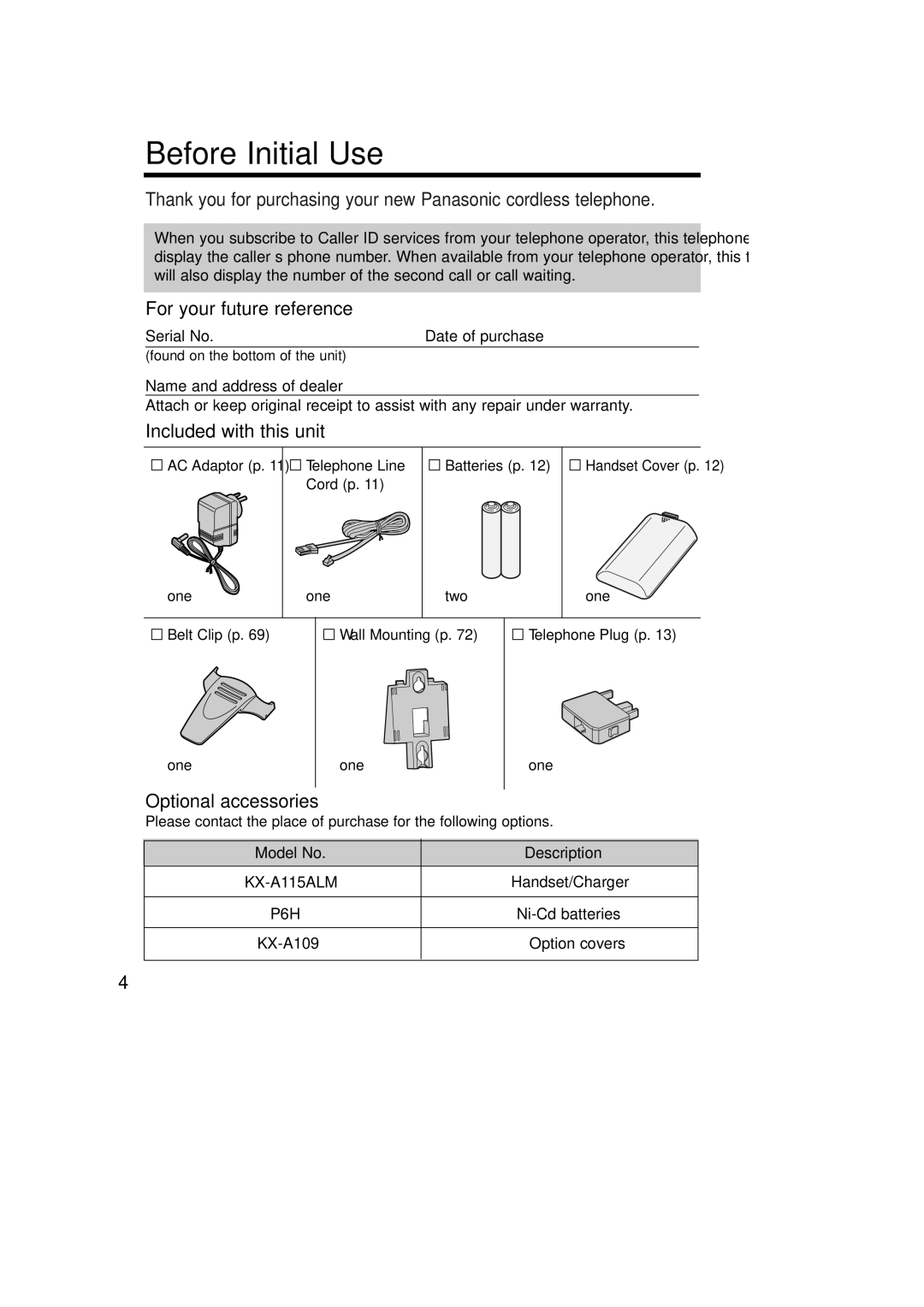 Panasonic KX-TCD735ALM Before Initial Use, For your future reference, Included with this unit, Optional accessories 