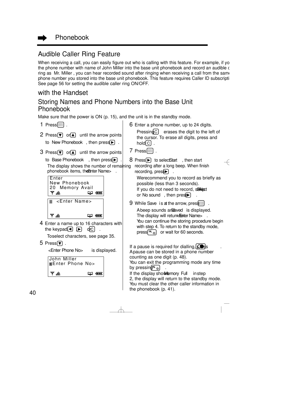 Panasonic KX-TCD735ALM Phonebook Audible Caller Ring Feature, Hold C Press, Press Or wait for 60 seconds 