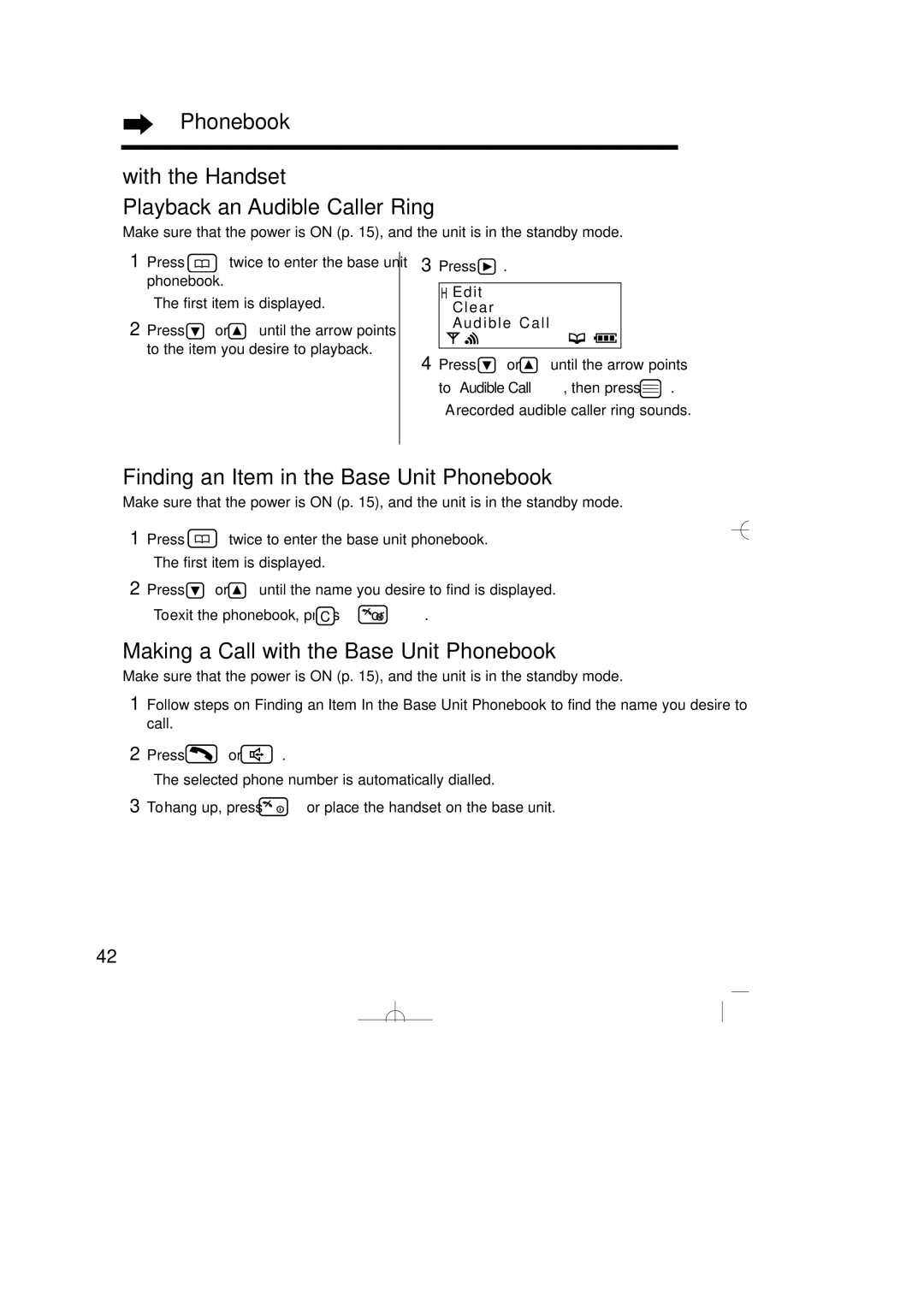 Panasonic KX-TCD735ALM operating instructions Phonebook With the Handset Playback an Audible Caller Ring 