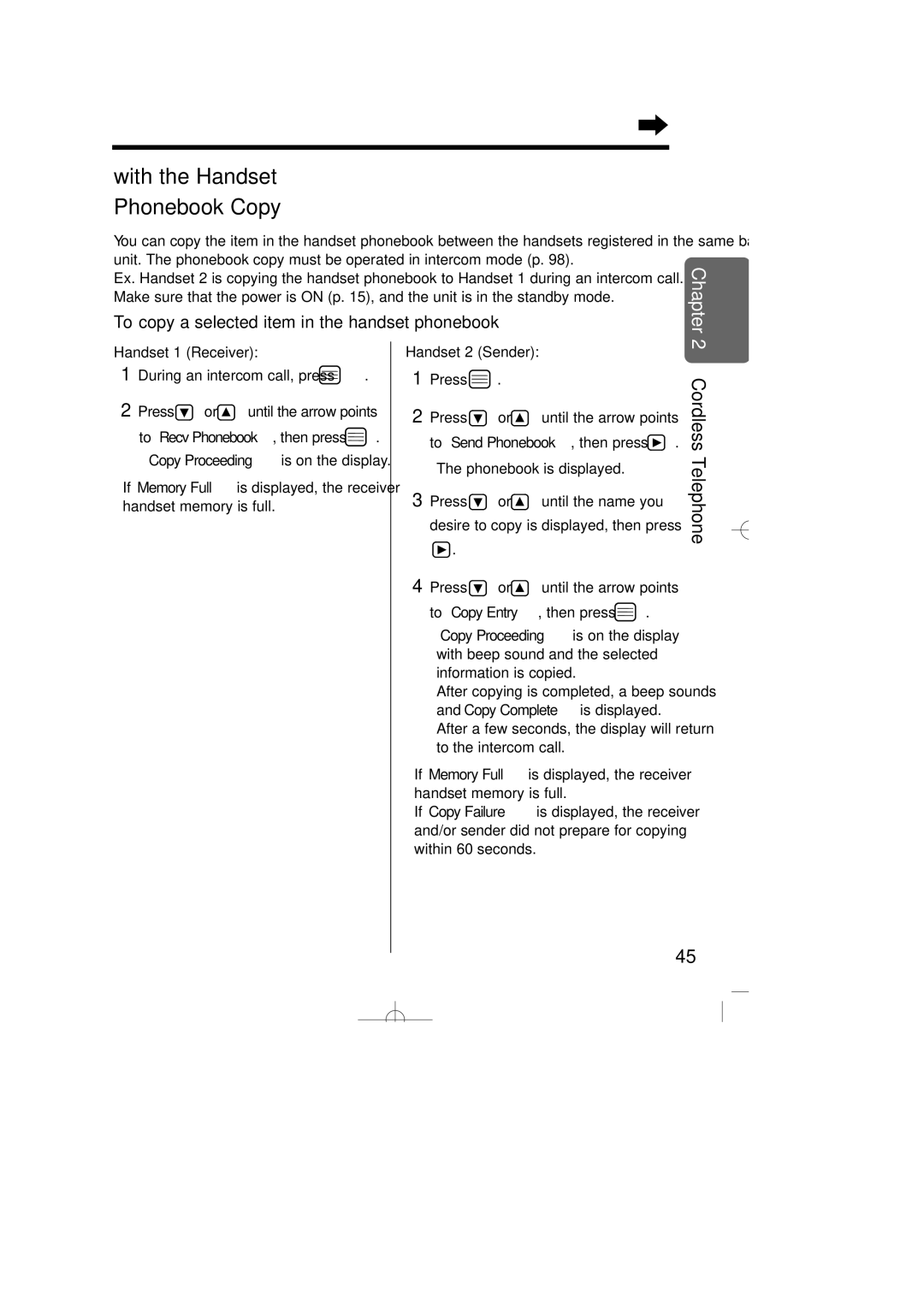 Panasonic KX-TCD735ALM To copy a selected item in the handset phonebook, Handset 1 Receiver During an intercom call, press 