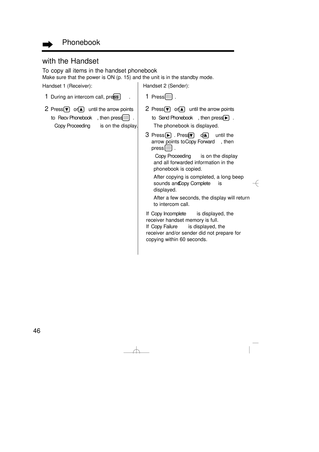 Panasonic KX-TCD735ALM Phonebook With the Handset, To copy all items in the handset phonebook, Phonebook is copied 