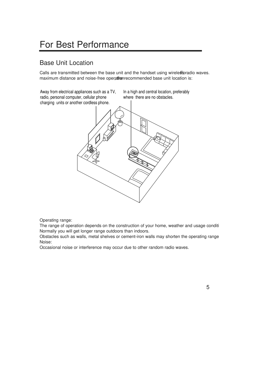 Panasonic KX-TCD735ALM operating instructions Base Unit Location, Operating range, Noise 