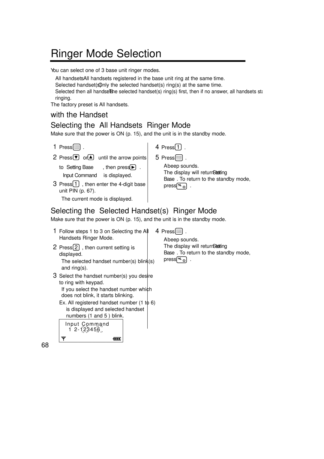 Panasonic KX-TCD735ALM Ringer Mode Selection, With the Handset Selecting the All Handsets Ringer Mode 