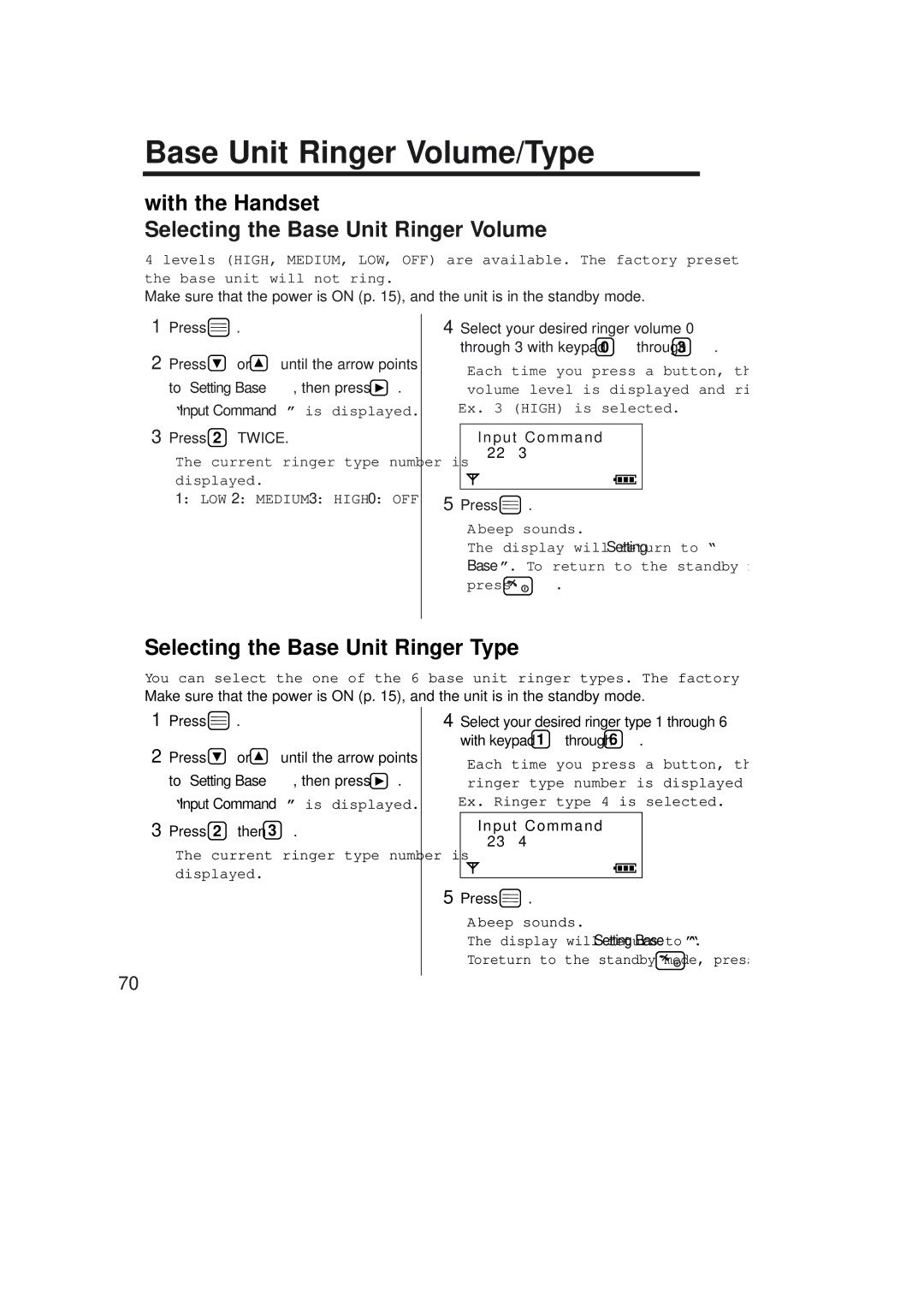 Panasonic KX-TCD735ALM Selecting the Base Unit Ringer Volume, Selecting the Base Unit Ringer Type, Press 2 Twice 