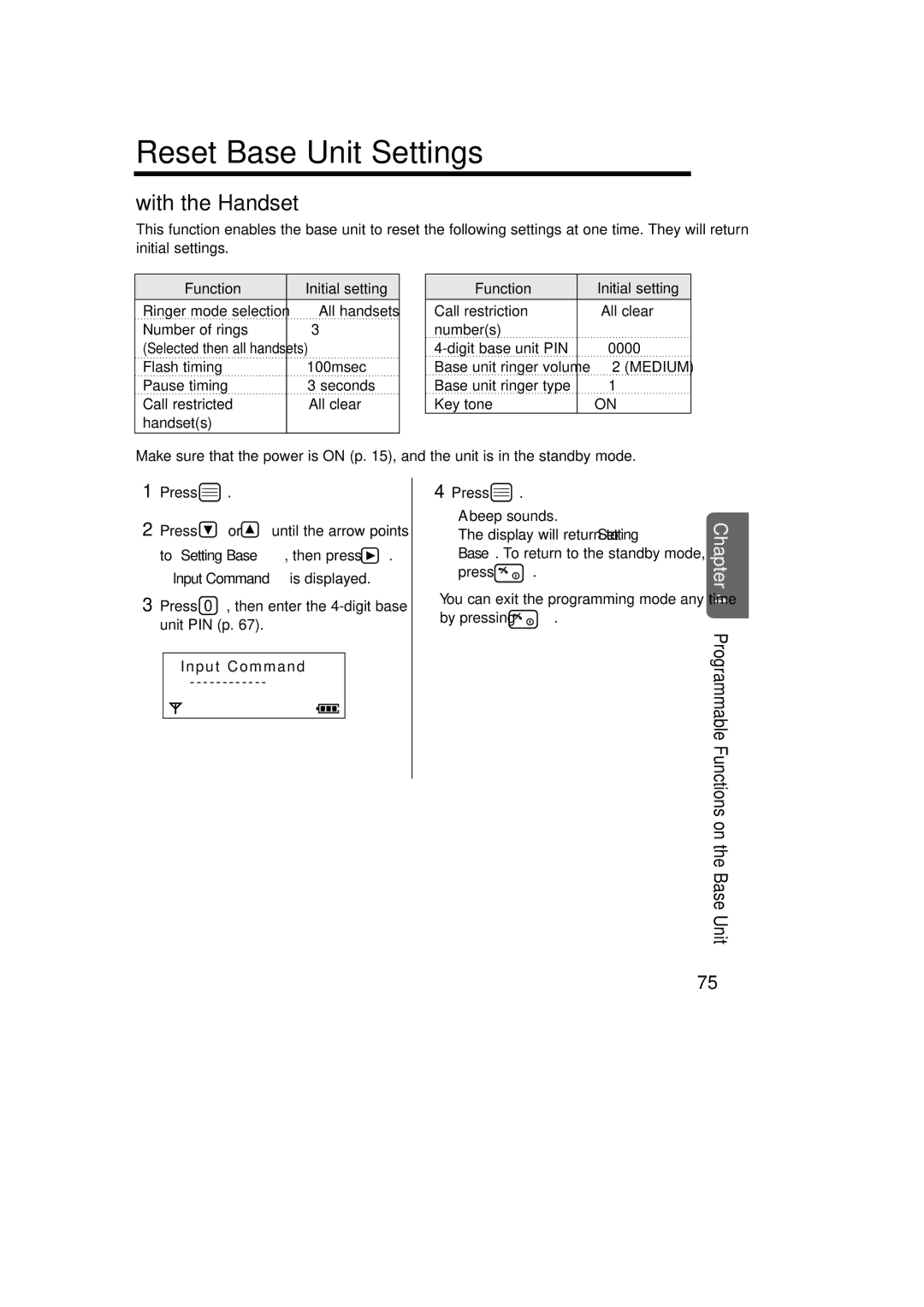 Panasonic KX-TCD735ALM operating instructions Reset Base Unit Settings, Press 0 , then enter the 4-digit base unit PIN p 