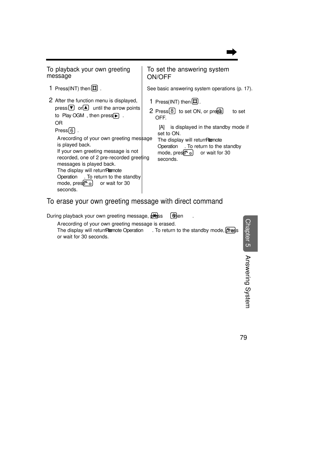 Panasonic KX-TCD735ALM To playback your own greeting message, To set the answering system, To Play OGM, then press Press 