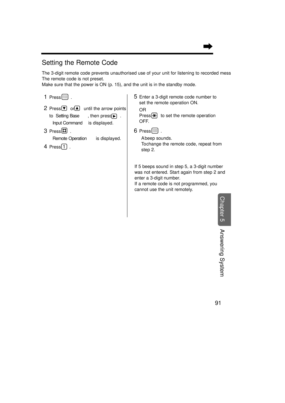 Panasonic KX-TCD735ALM Setting the Remote Code, Press to set the remote operation OFF, Enter a 3-digit number 