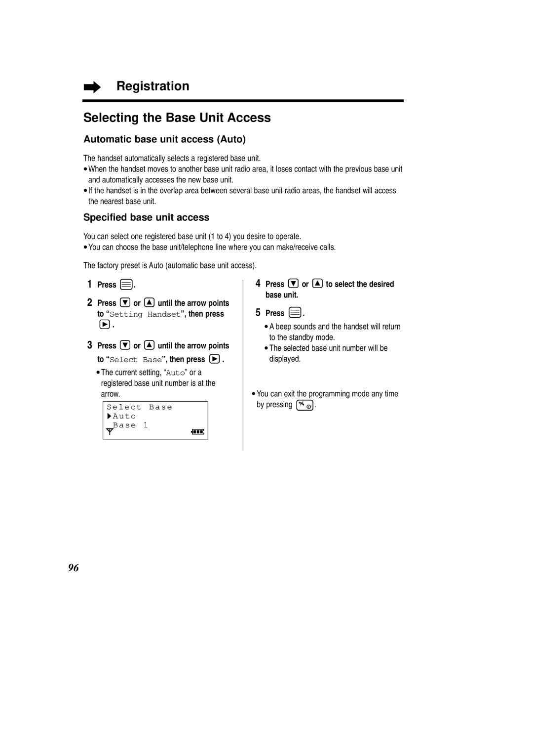 Panasonic KX-TCD735ALM operating instructions Registration Selecting the Base Unit Access, Automatic base unit access Auto 