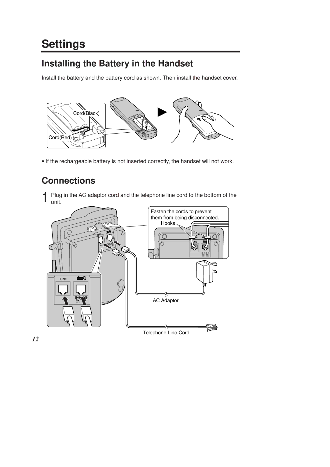 Panasonic KX-TCD950E-B operating instructions Settings, Installing the Battery in the Handset, Connections 