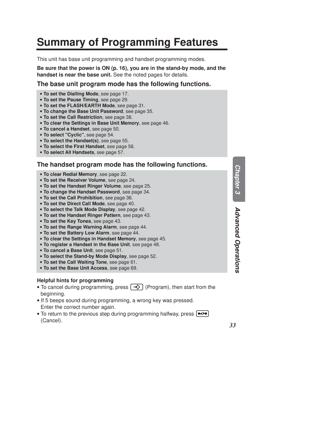 Panasonic KX-TCD950E-B Summary of Programming Features, Base unit program mode has the following functions 