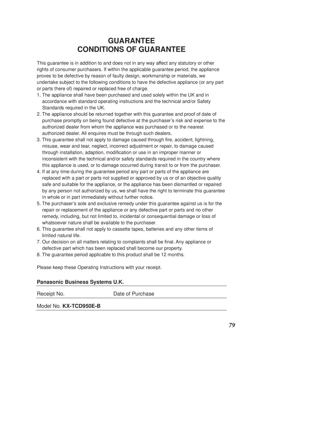 Panasonic operating instructions Panasonic Business Systems U.K, Model No. KX-TCD950E-B 