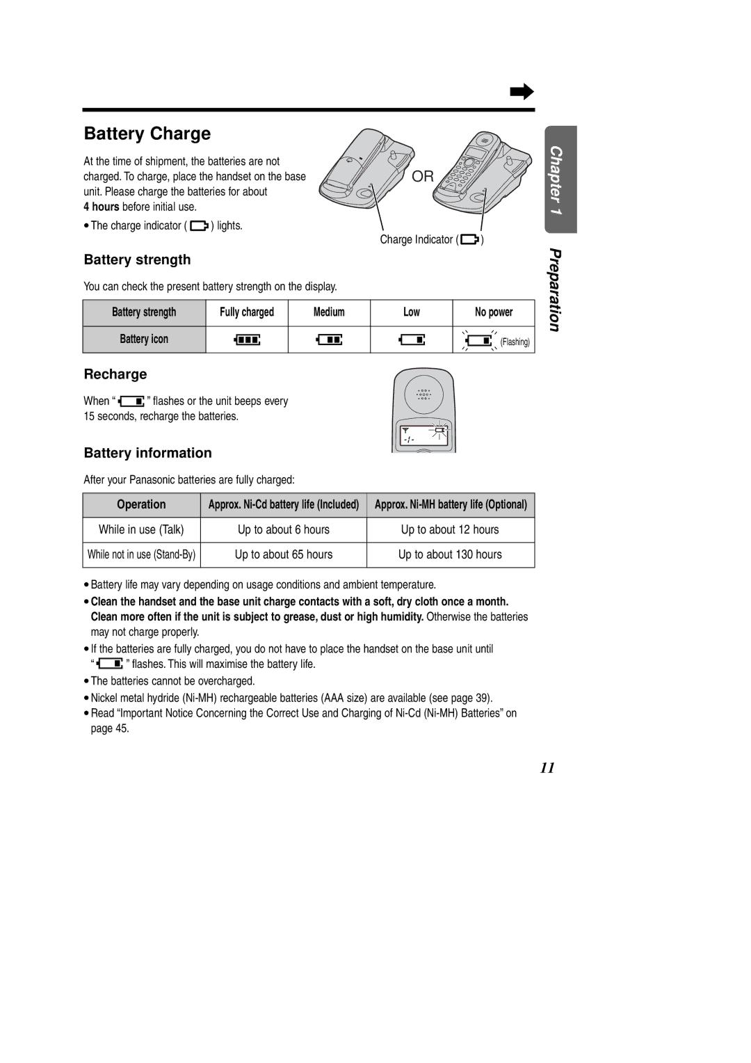 Panasonic KX-TCD951EB Battery strength, Recharge, Battery information, Fully charged Medium Low, Operation 