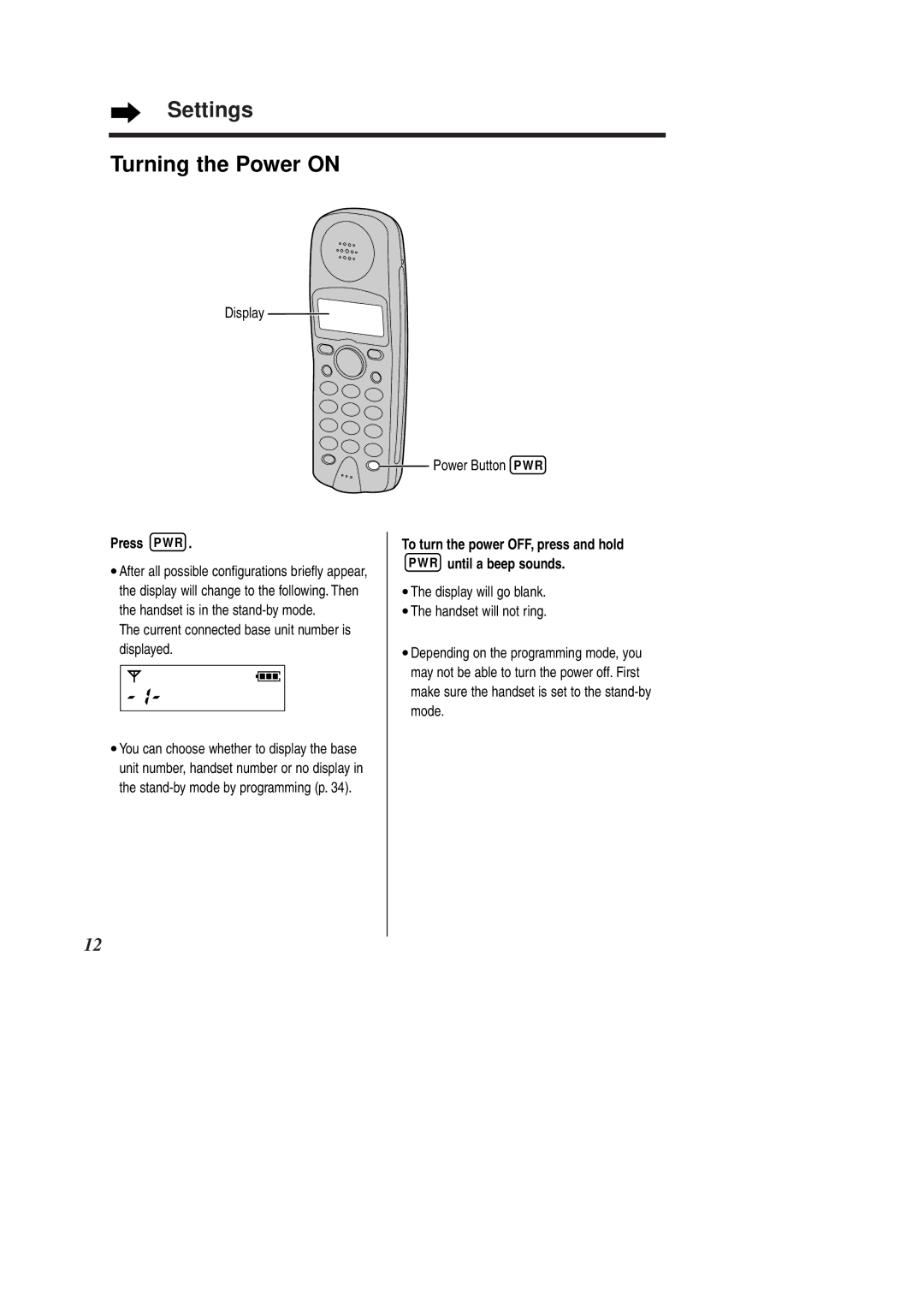 Panasonic KX-TCD951EB operating instructions Settings Turning the Power on, Display Power Button PWR, Press P W R 