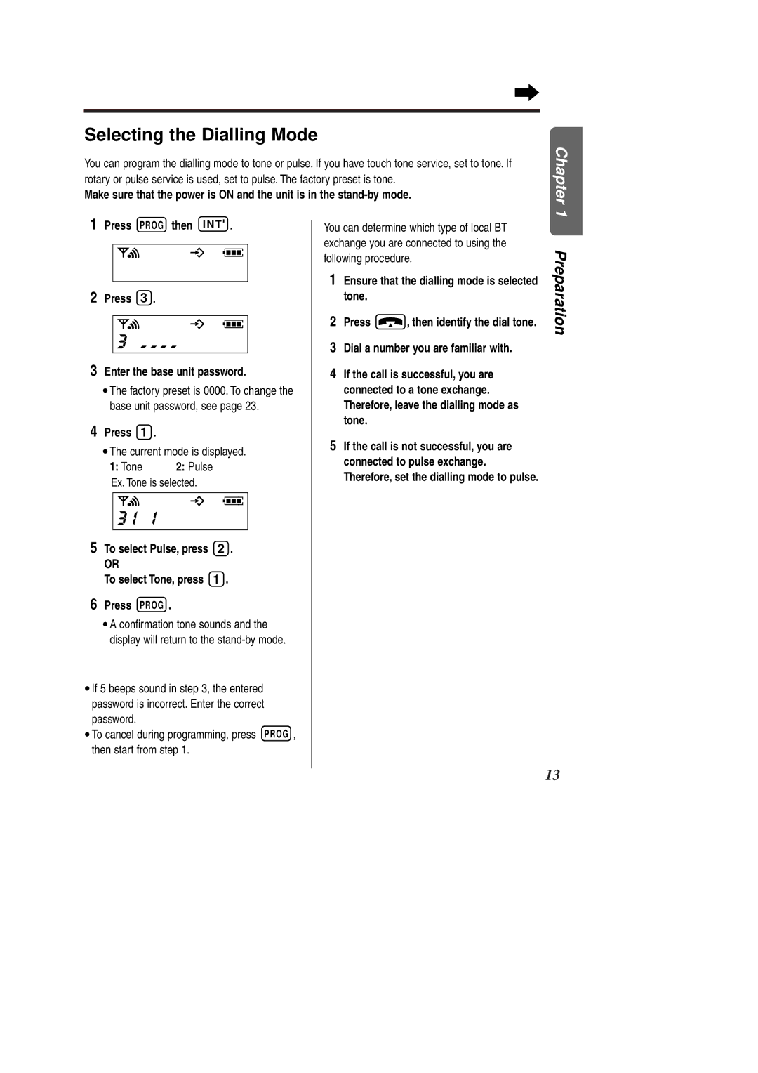 Panasonic KX-TCD951EB Selecting the Dialling Mode, Press Prog then I N T Enter the base unit password 