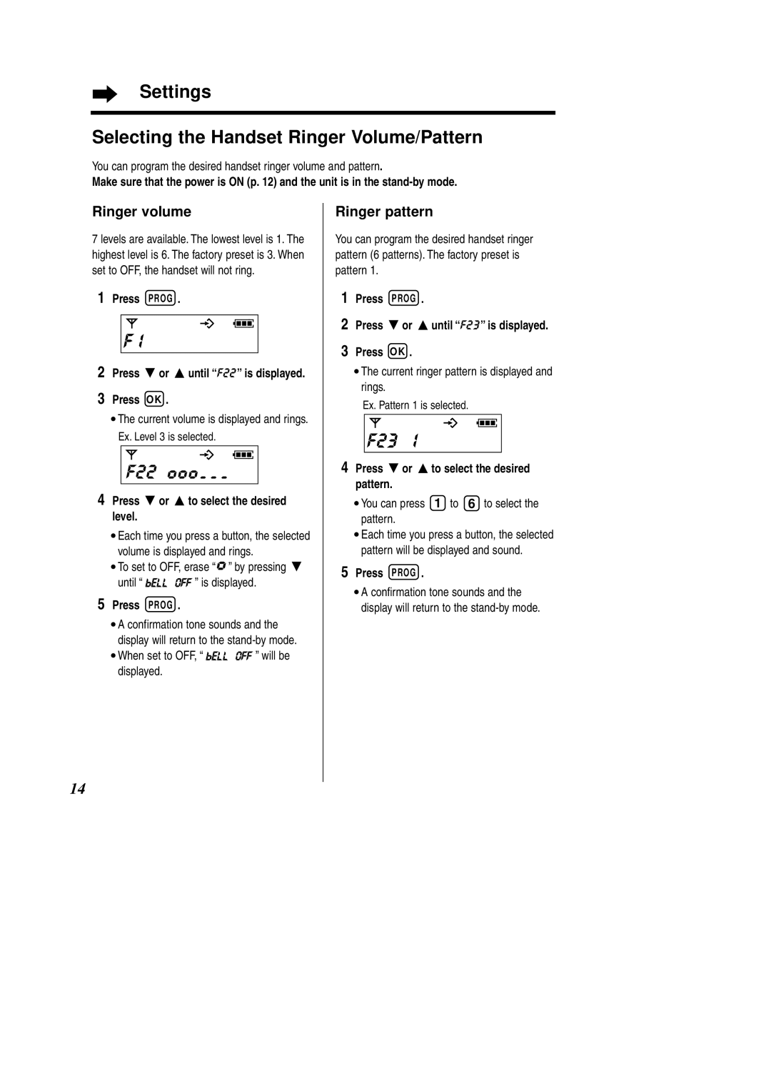 Panasonic KX-TCD951EB F23U, Settings Selecting the Handset Ringer Volume/Pattern, Ringer volume, Ringer pattern 