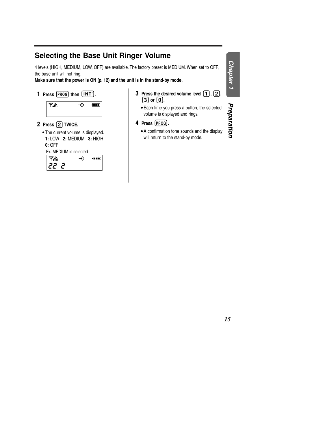 Panasonic KX-TCD951EB 22u2, Selecting the Base Unit Ringer Volume, Press Prog then I N T Press 2 Twice 