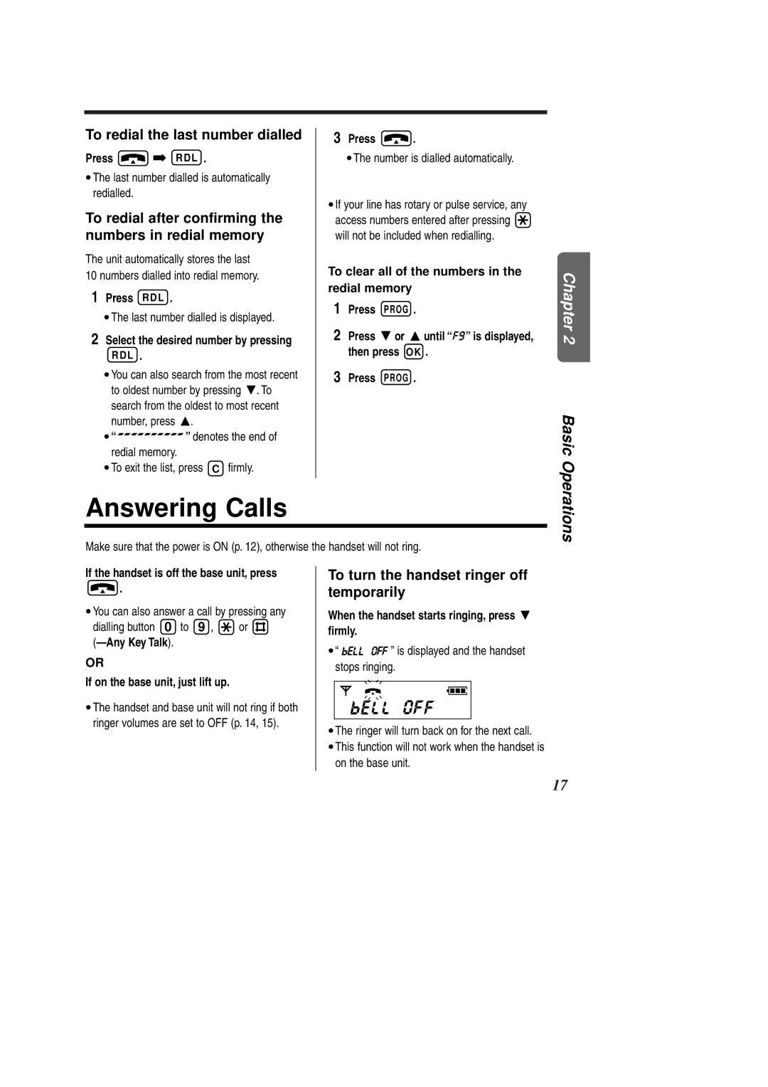 Panasonic KX-TCD951EB Answering Calls, To redial the last number dialled, To turn the handset ringer off temporarily 