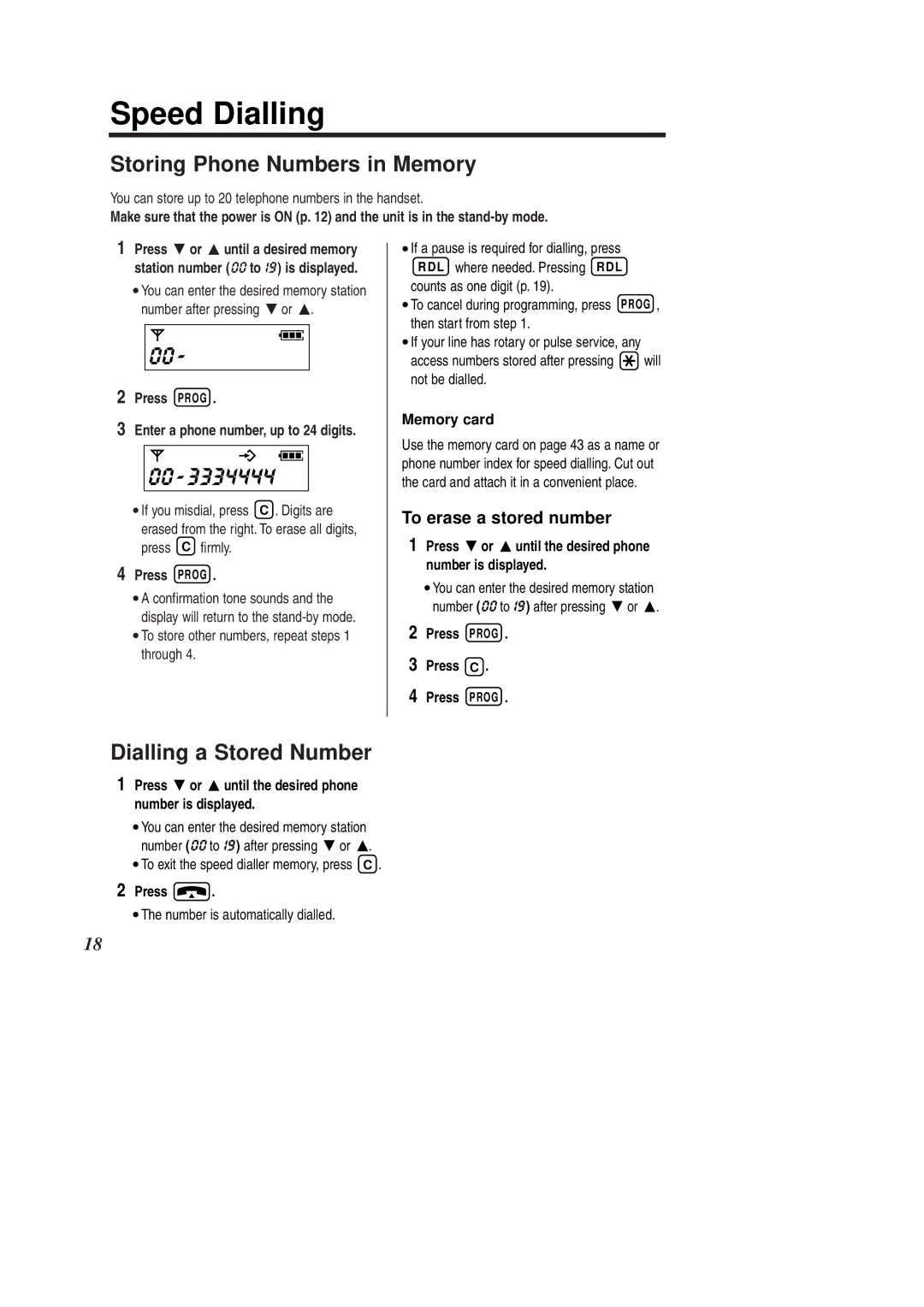 Panasonic KX-TCD951EB Speed Dialling, Storing Phone Numbers in Memory, Dialling a Stored Number, To erase a stored number 