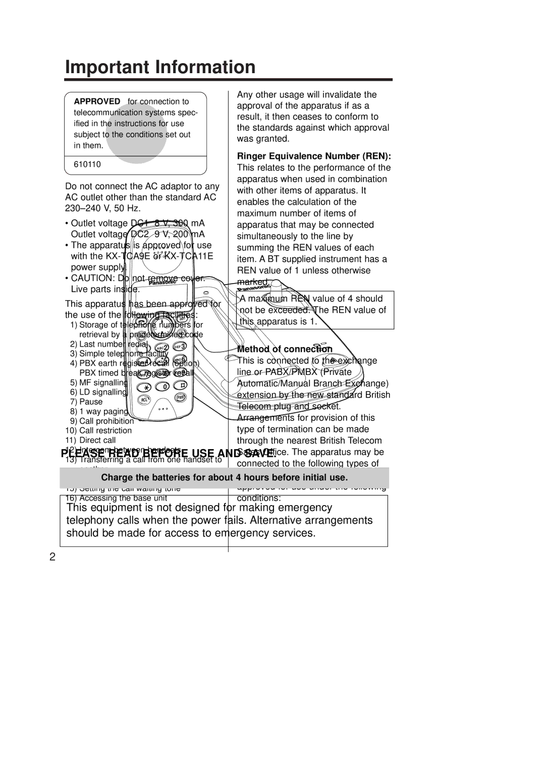 Panasonic KX-TCD951EB operating instructions Important Information, Ringer Equivalence Number REN, Method of connection 