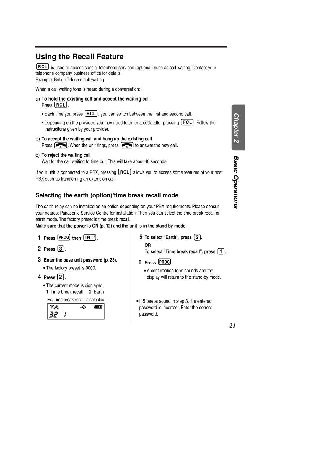 Panasonic KX-TCD951EB 32u, Using the Recall Feature, Selecting the earth option/time break recall mode 