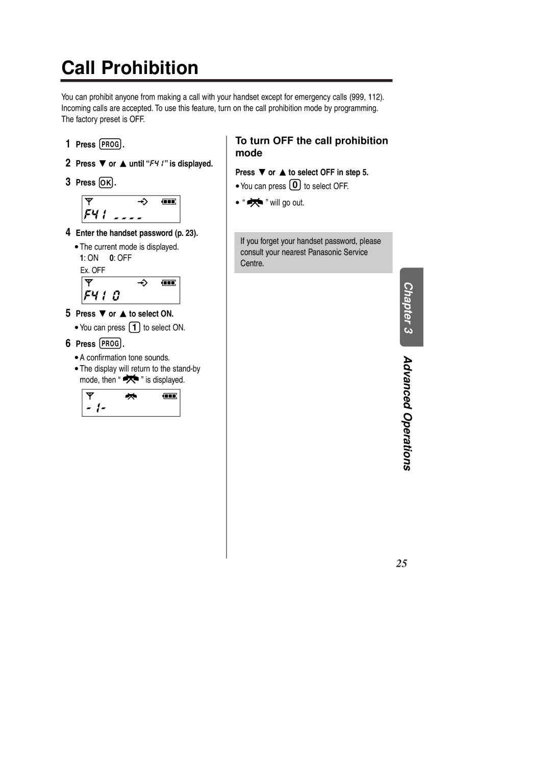 Panasonic KX-TCD951EB operating instructions Call Prohibition, F4 Io, F4 IO0, To turn OFF the call prohibition mode 