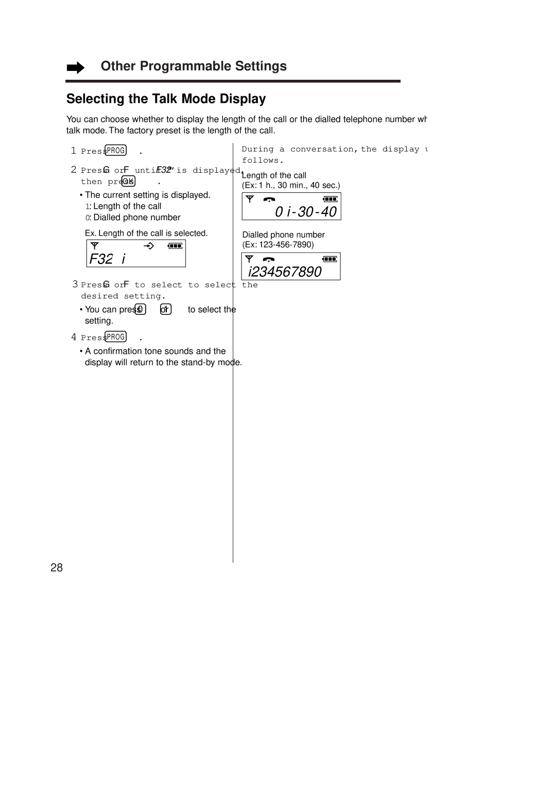 Panasonic KX-TCD951EB operating instructions F32U, I234567890, Other Programmable Settings Selecting the Talk Mode Display 