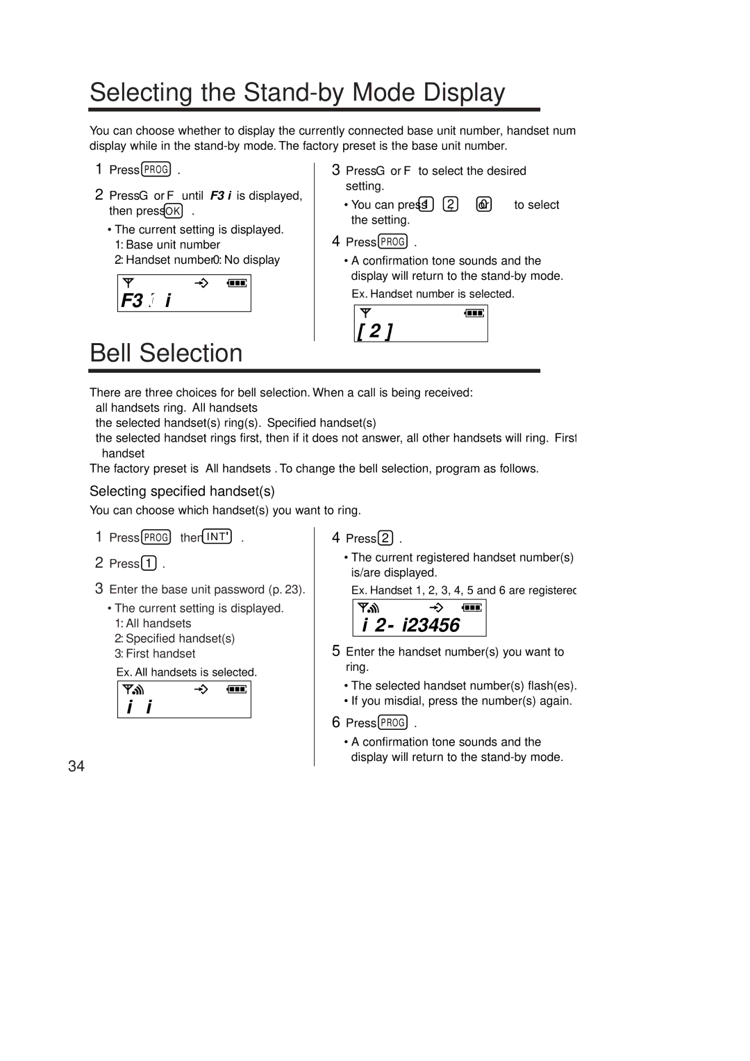 Panasonic KX-TCD951EB Selecting the Stand-by Mode Display, Bell Selection, F3 i0, Iu2, Selecting specified handsets 