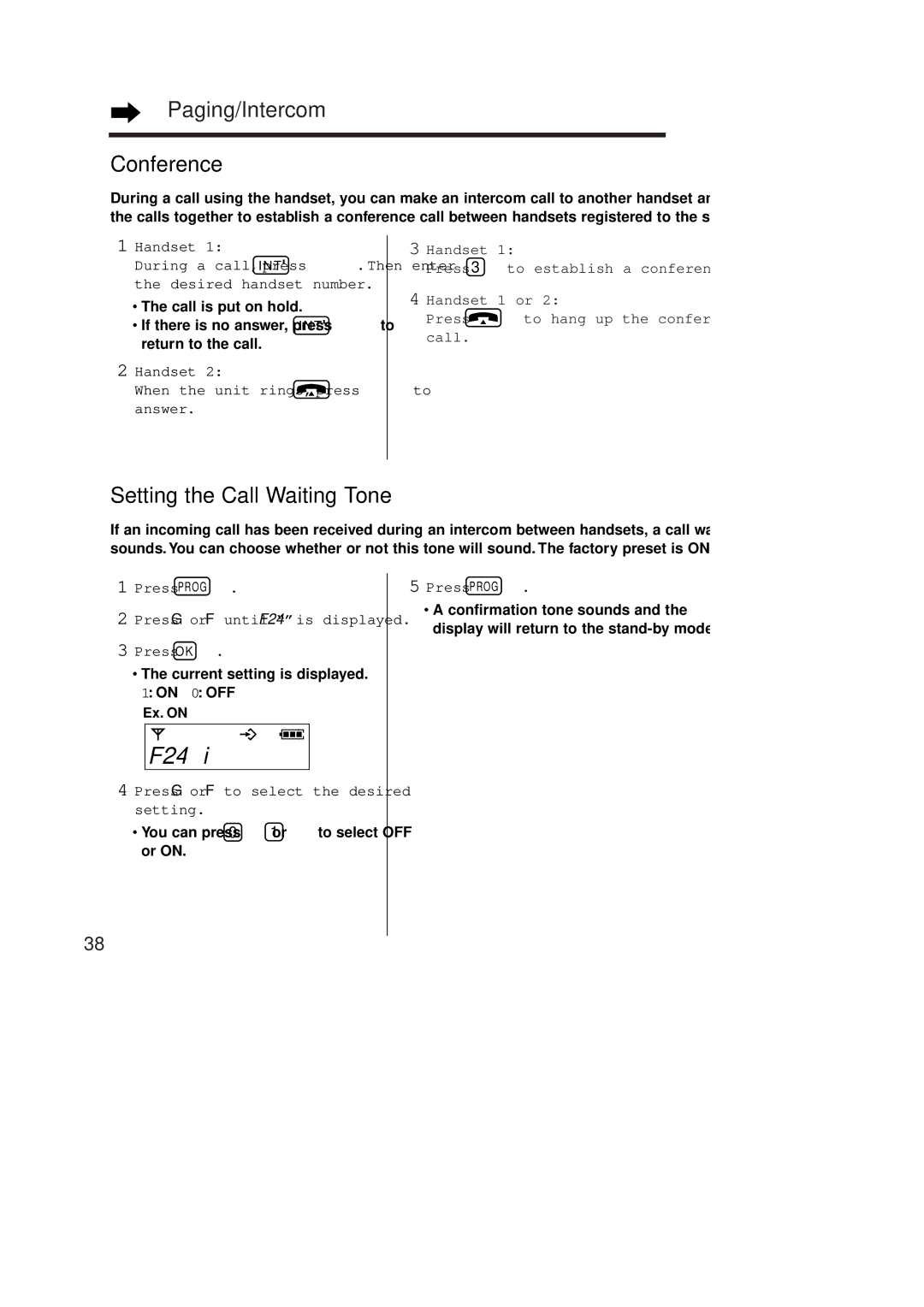 Panasonic KX-TCD951EB operating instructions F24U, Paging/Intercom Conference, Setting the Call Waiting Tone 