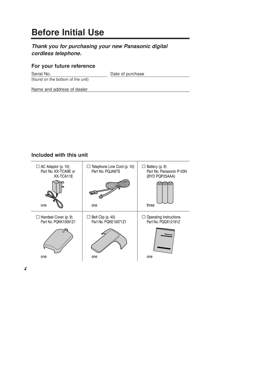 Panasonic KX-TCD951EB operating instructions Before Initial Use 