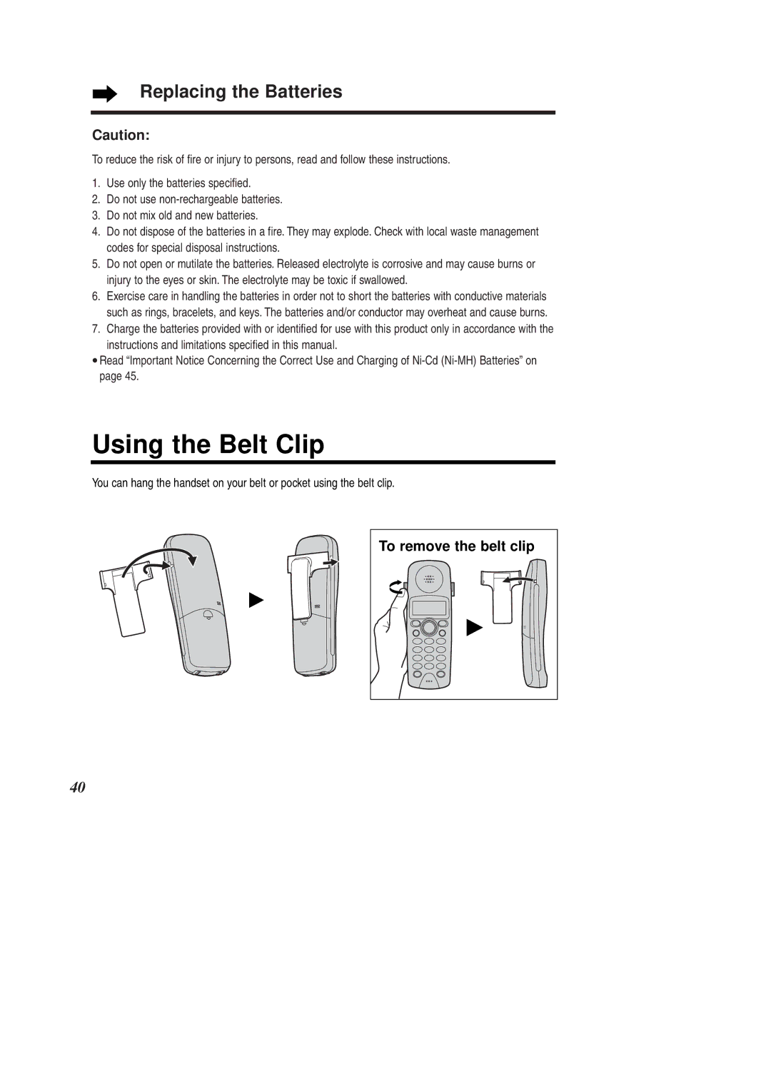 Panasonic KX-TCD951EB operating instructions Using the Belt Clip, Replacing the Batteries, To remove the belt clip 