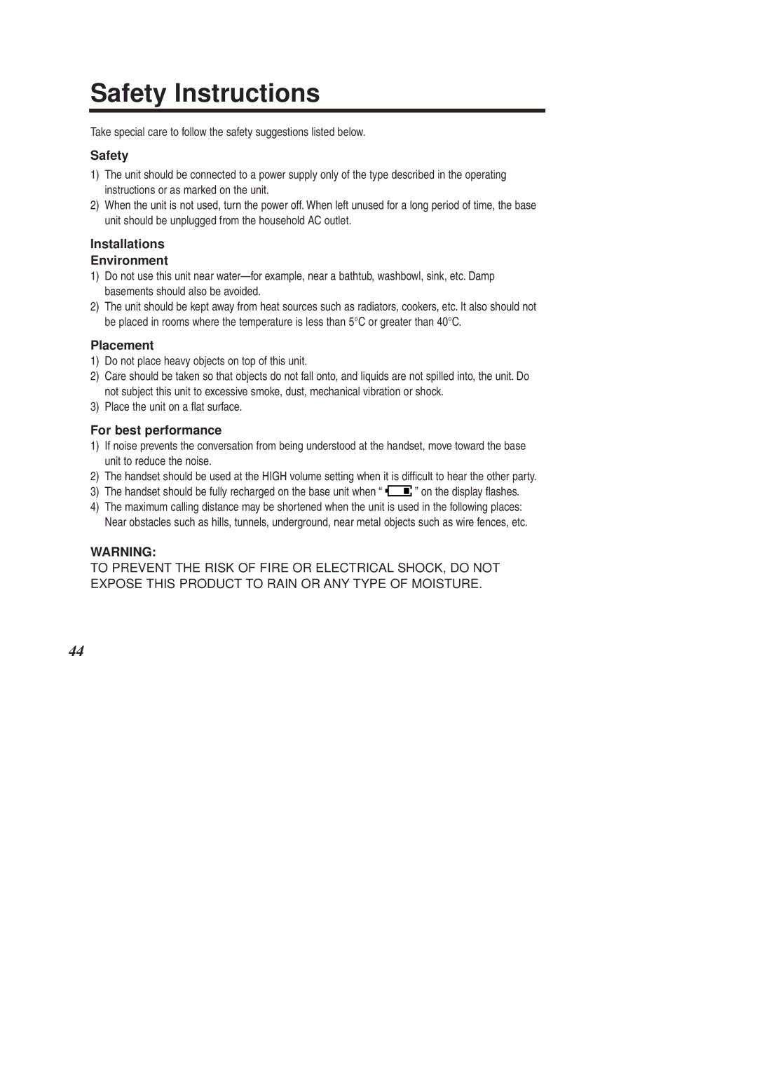 Panasonic KX-TCD951EB Safety Instructions, Installations Environment, Placement, For best performance 