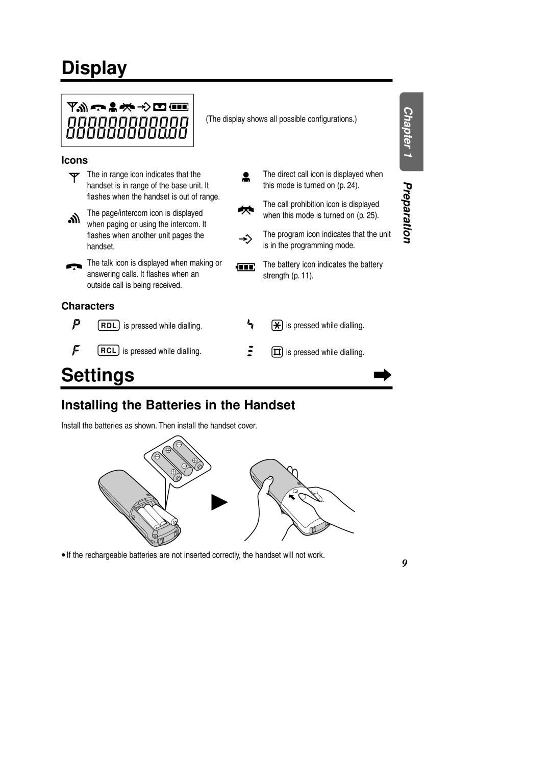 Panasonic KX-TCD951EB operating instructions Display, Settings, Installing the Batteries in the Handset, Icons, Characters 