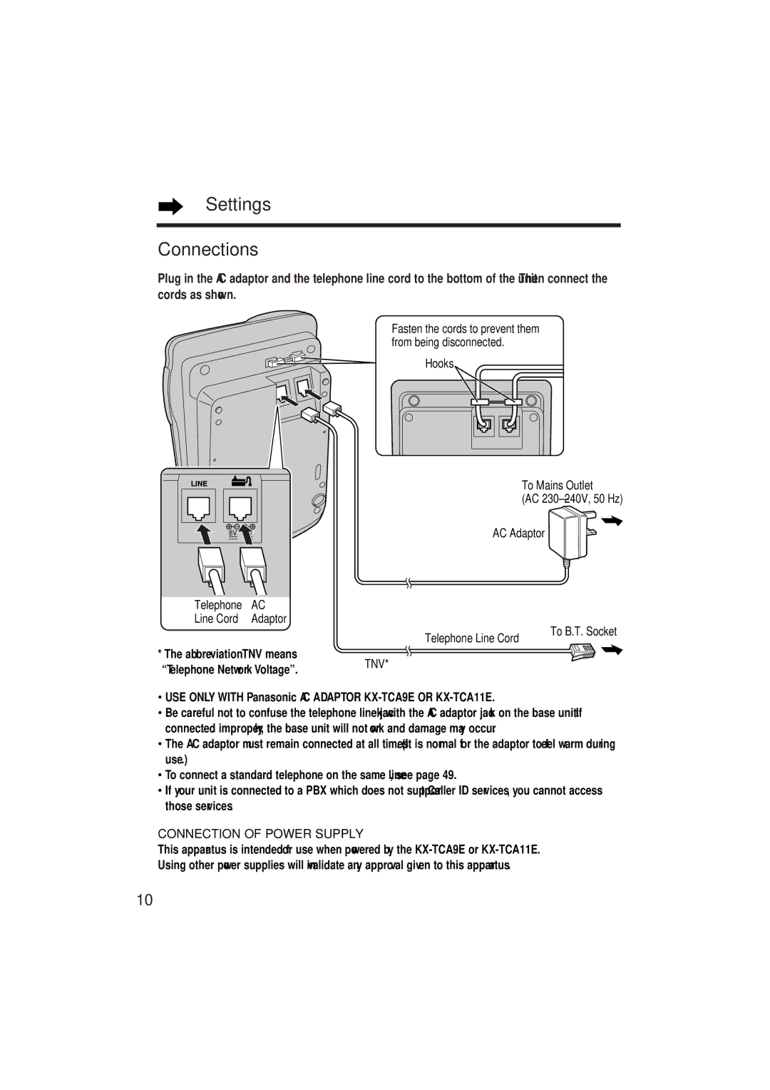 Panasonic KX-TCD952EB Settings Connections, Hooks To Mains Outlet AC 230-240V, 50 Hz, Telephone Line Cord 